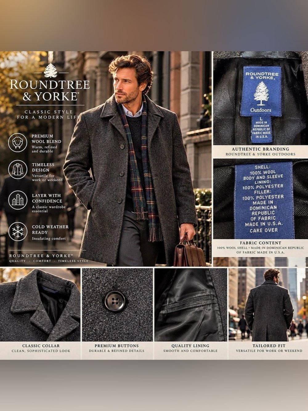 Roundtree & Yorke Outdoors Men L 100% Wool Coat USA Fabric Charcoal Overcoat